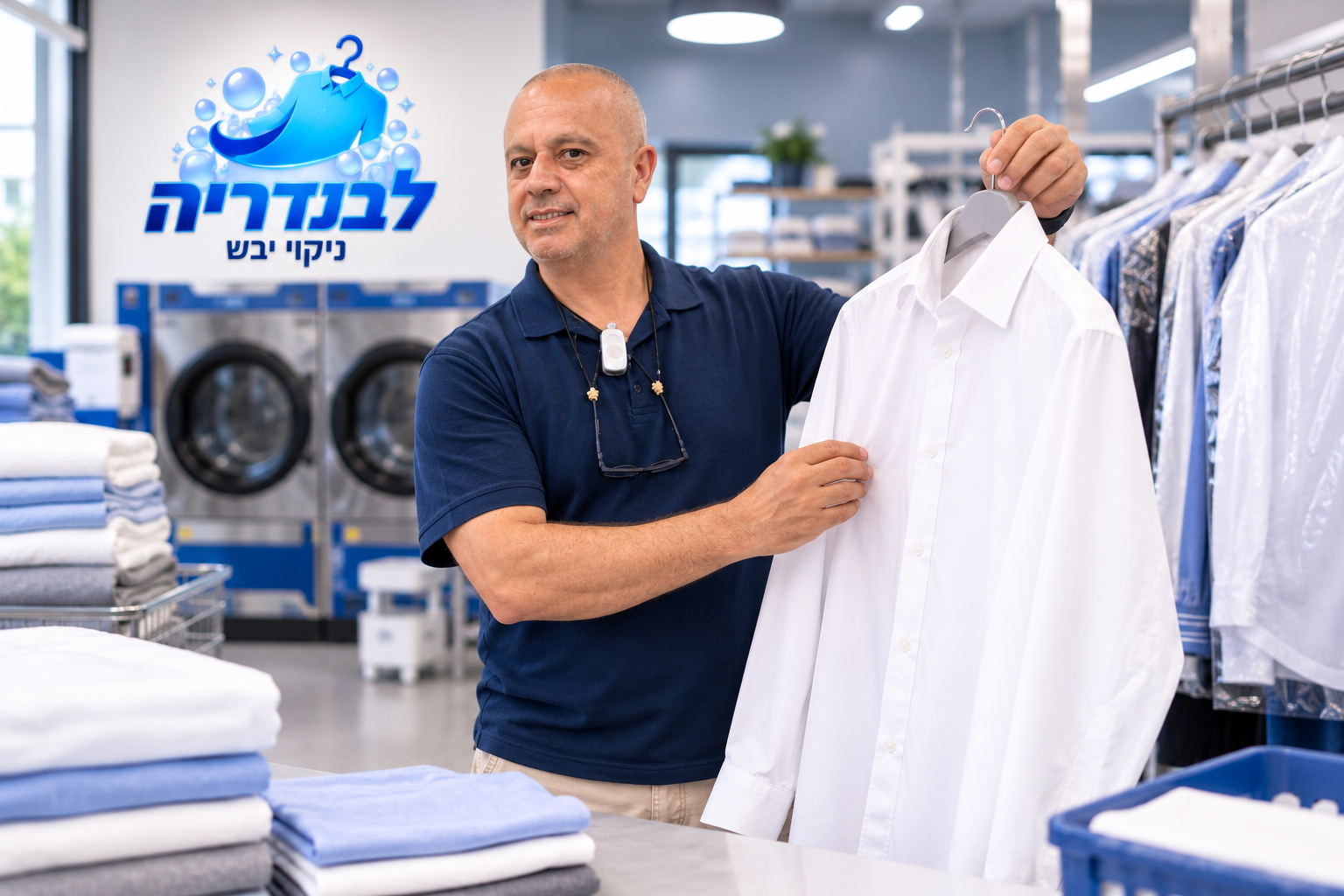 עובד מכבסה בודק חולצה לבנה לאחר טיפול מקצועי בכביסה וניקוי יבש