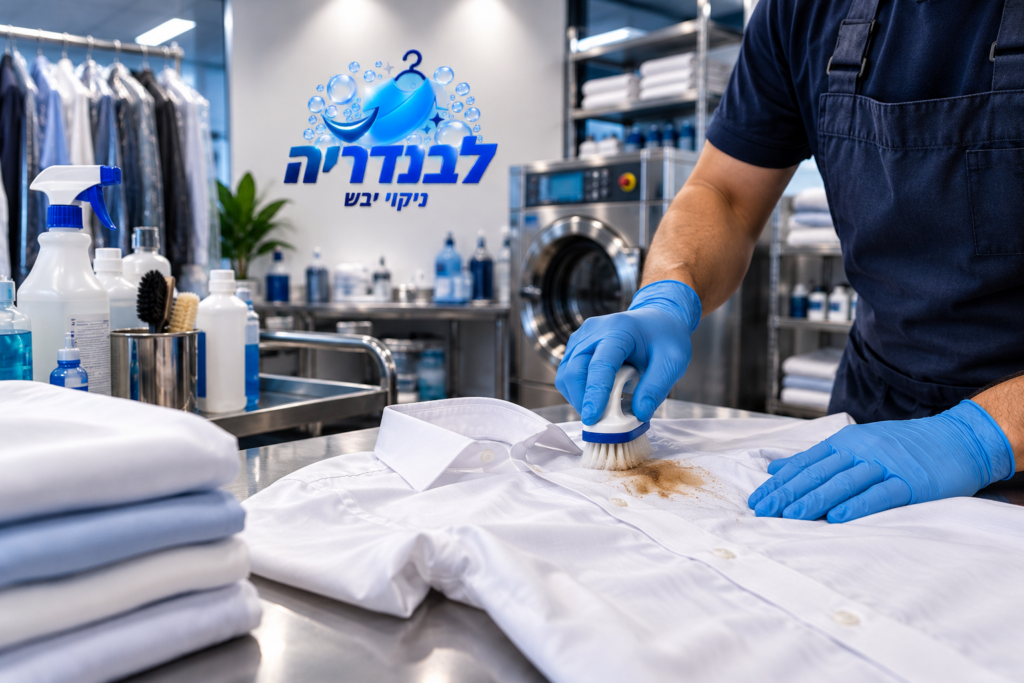 עובד מכבסה מטפל בכתם על חולצה לבנה באמצעות מברשת מקצועית וכפפות כחולות
