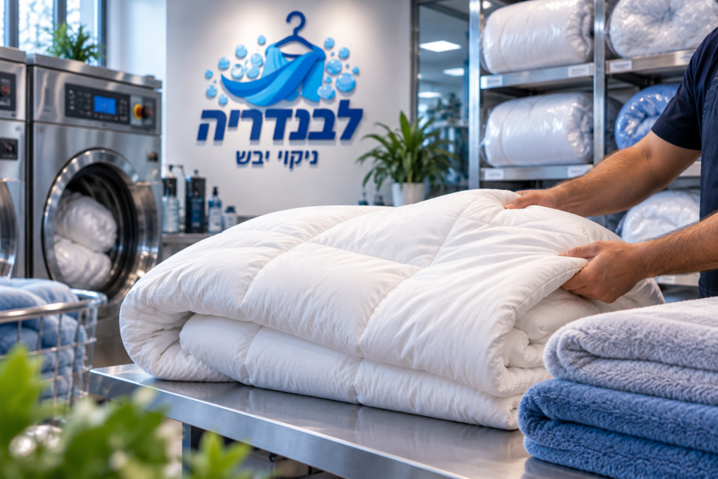עובד מכבסה מטפל בשמיכת פוך לבנה, לצד שמיכות מקופלות במכבסה של לבנדריה
