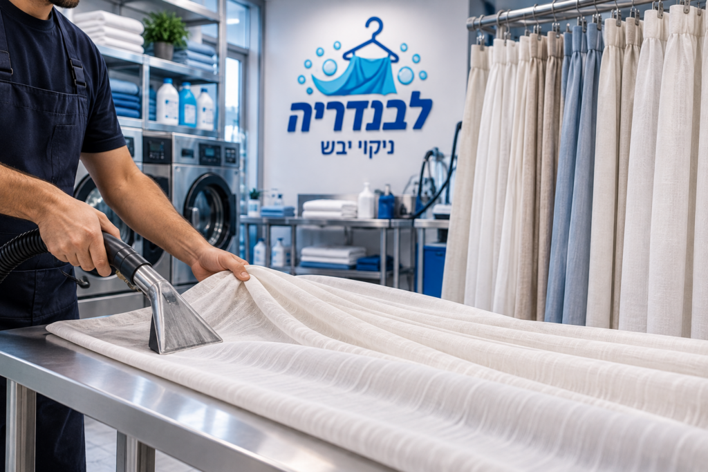 עובד מנקה וילון בהיר באמצעות מכשיר ניקוי מקצועי במכבסה, עם וילונות תלויים ברקע