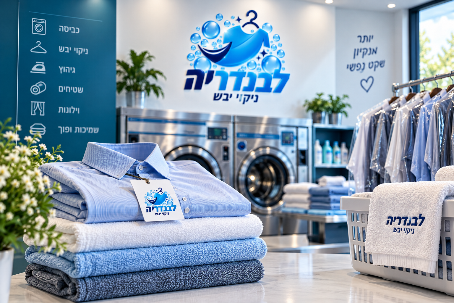 מכבסה מקצועית עם מכונות כביסה, בגדים נקיים ומגבות מקופלות לצד הלוגו של לבנדריה