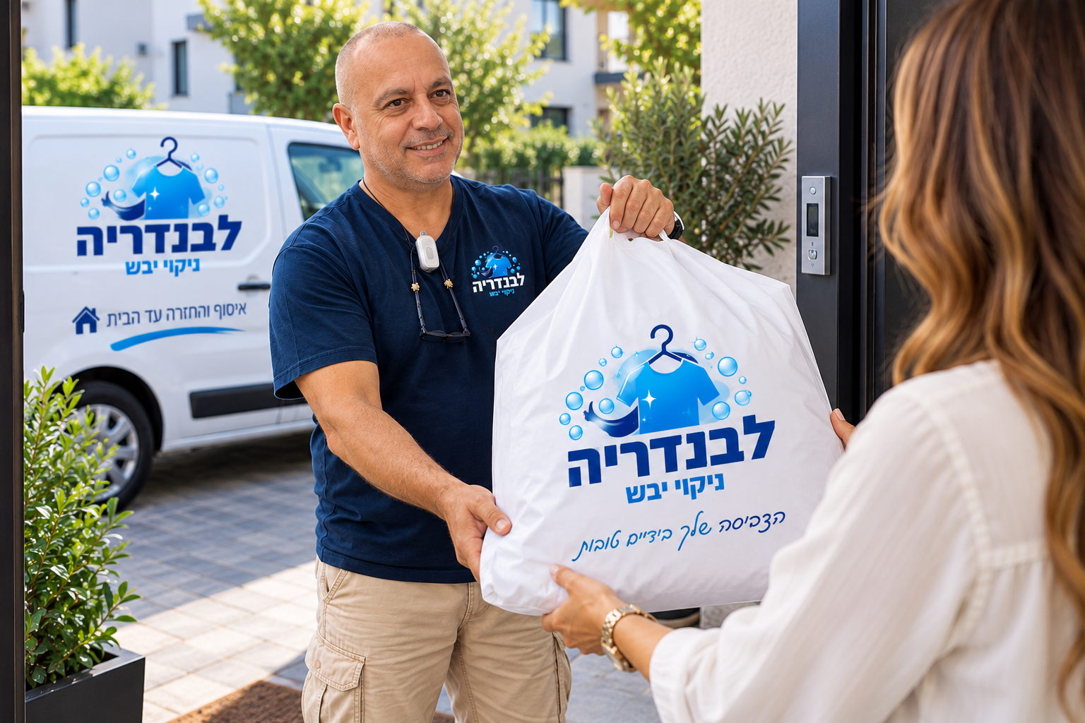 שליח מכבסה אוסף שק כביסה מלקוחה בפתח ביתה, לצד רכב שירות של לבנדריה