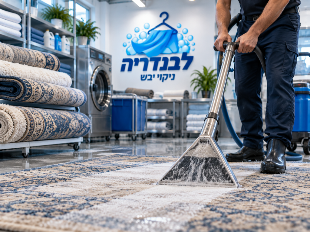 עובד מנקה שטיח באמצעות מכונת ניקוי מקצועית, במכבסת לבנדריה בפרדס חנה כרכור