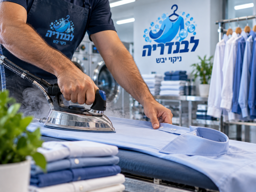 גיהוץ מקצועי של חולצה באמצעות מגהץ קיטור במכבסת לבנדריה בפרדס חנה כרכור