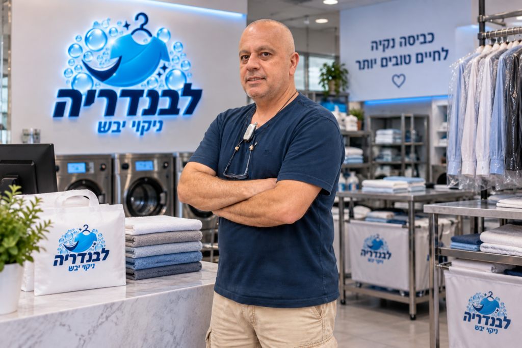 יהודה ממכבסת לבנדריה עומד בתוך המכבסה בפרדס חנה כרכור, לצד מכונות כביסה מקצועיות ובגדים נקיים