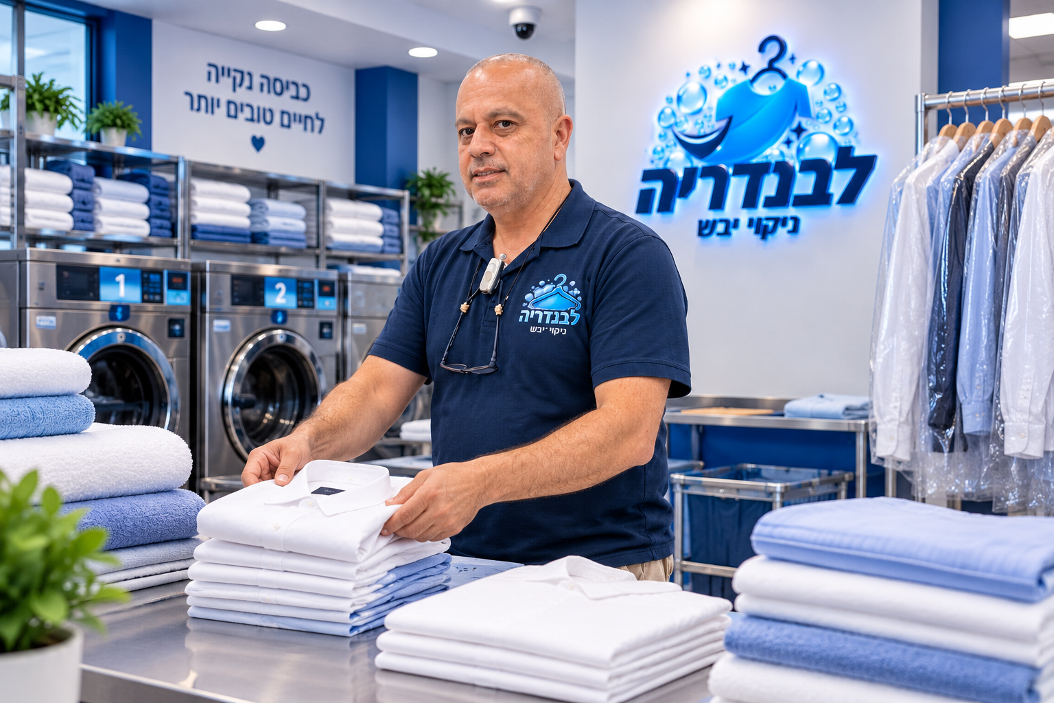 יהודה מסדר חולצות נקיות ומקופלות בתוך מכבסת לבנדריה בפרדס חנה כרכור, לצד מכונות כביסה מקצועיות